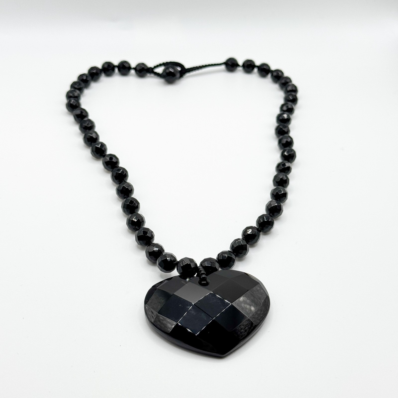 Chunky Black Faceted Glass Heart Pendant Beaded Necklace 46cm Bead Goth Gothic