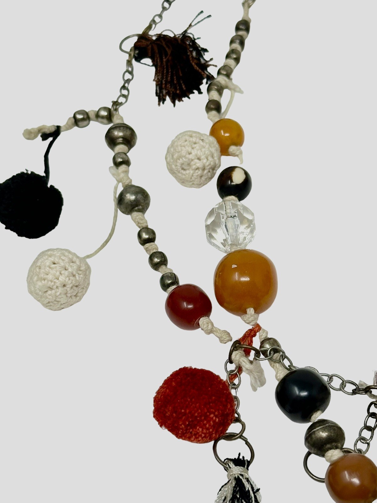 Boho Eclectic Mixed Material Necklace Poms Beads Tassels Silvertone Metal Chains