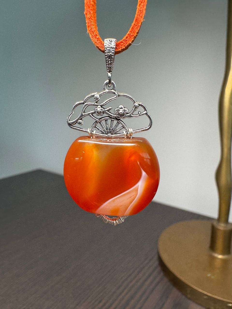 Natural Carnelian Agate Necklace Orange Banded Stone Pendant Artisan Jewelry