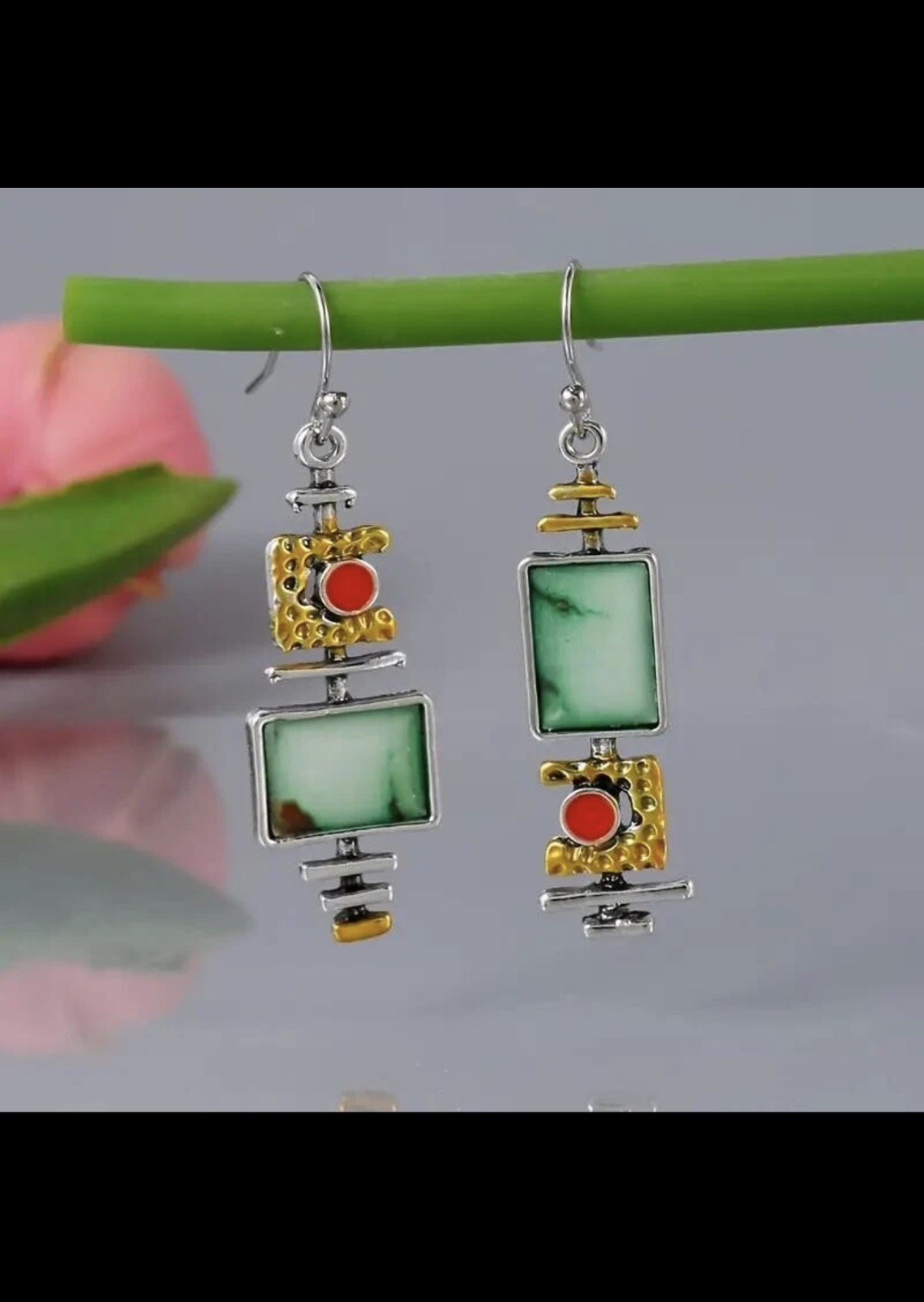Boho Vintage Geometric Drop Hook Earrings 925 Silver Plated Synthetic Gemstone