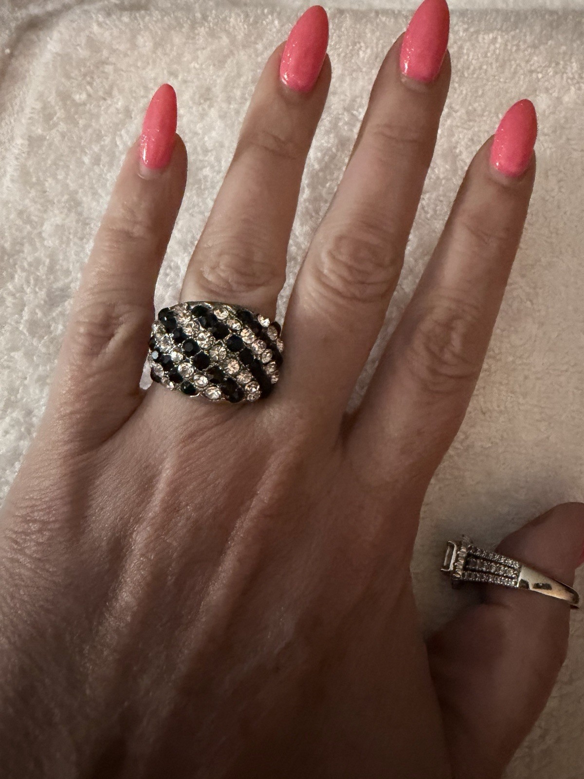 Silver Tone Dome Cocktail Ring Black & Clear Crystal Stripe Statement Size 7