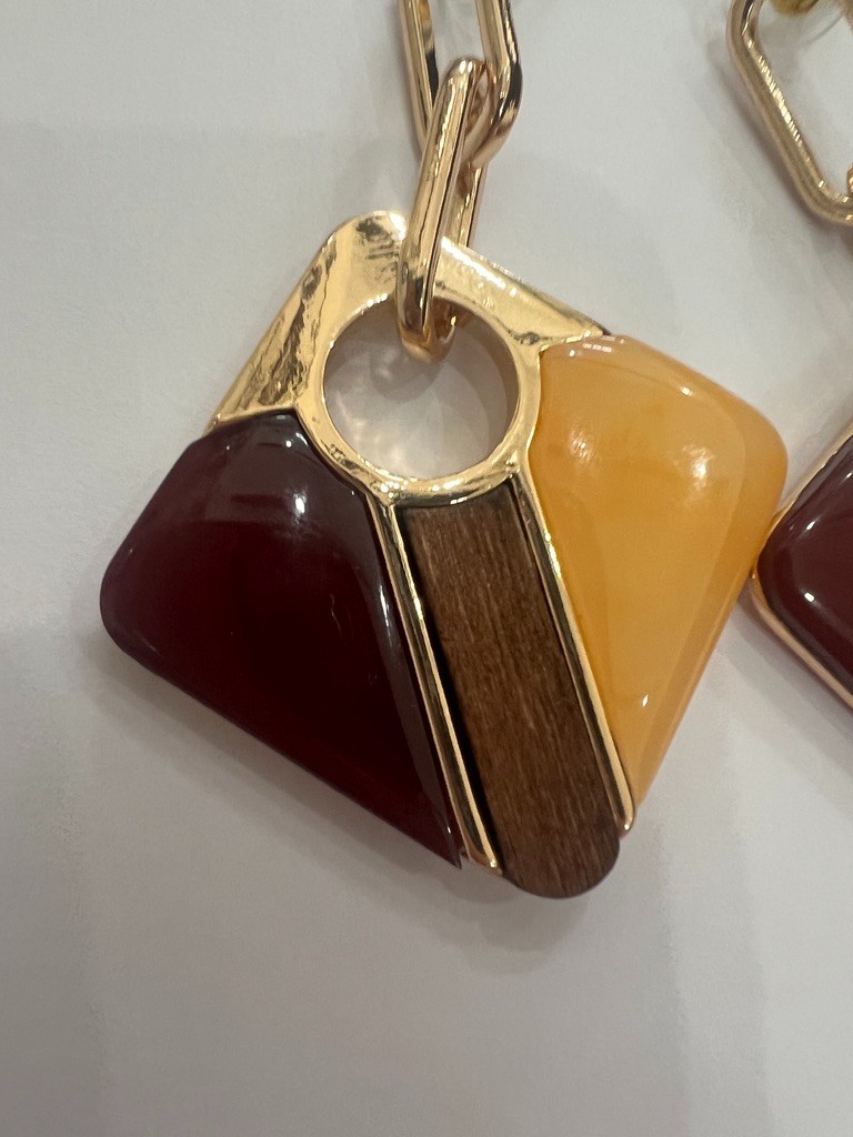 Geometric Earrings Gold Amber Wine Blush Wood 3” Mod Uncas Int Vendor Sample