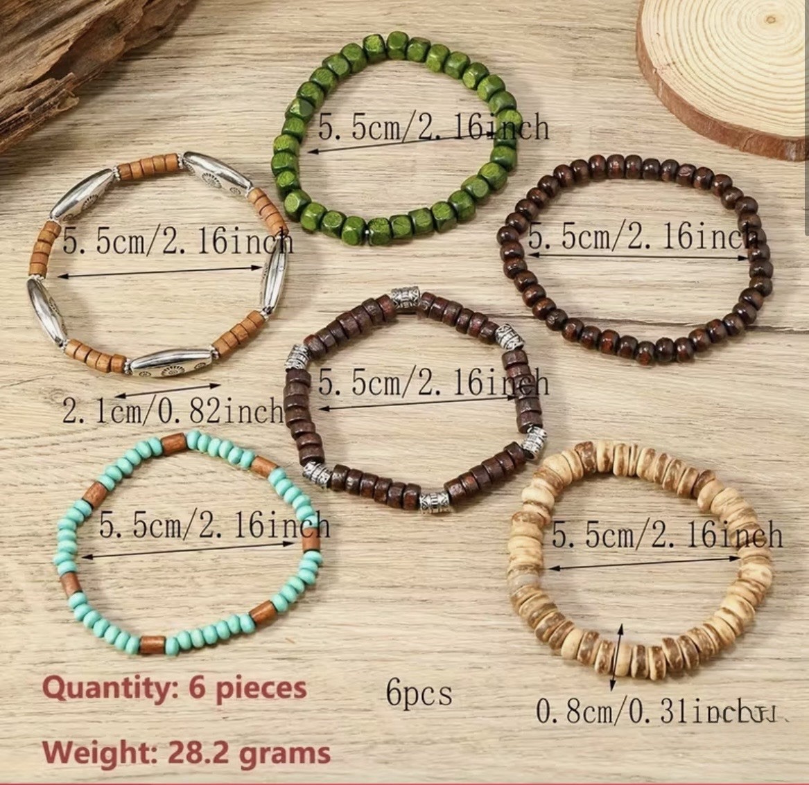 Set Of 6 Unisex Wooden Tribal Boho Stacking Bracelets. 2.16”. NIB. Free Ship.