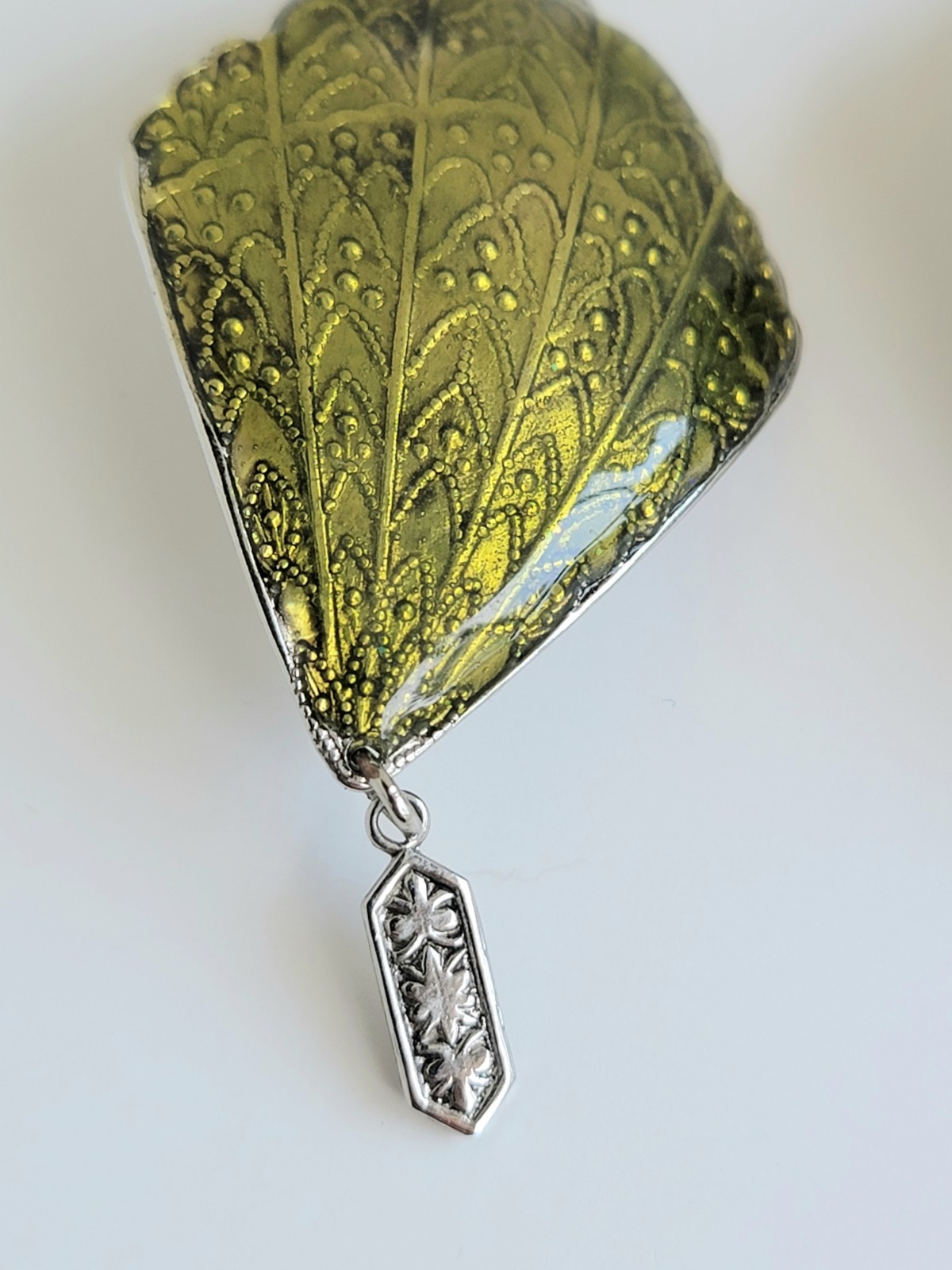 Art Deco Bohemian Fan Earrings Green Enamel Dangle Clip Ons