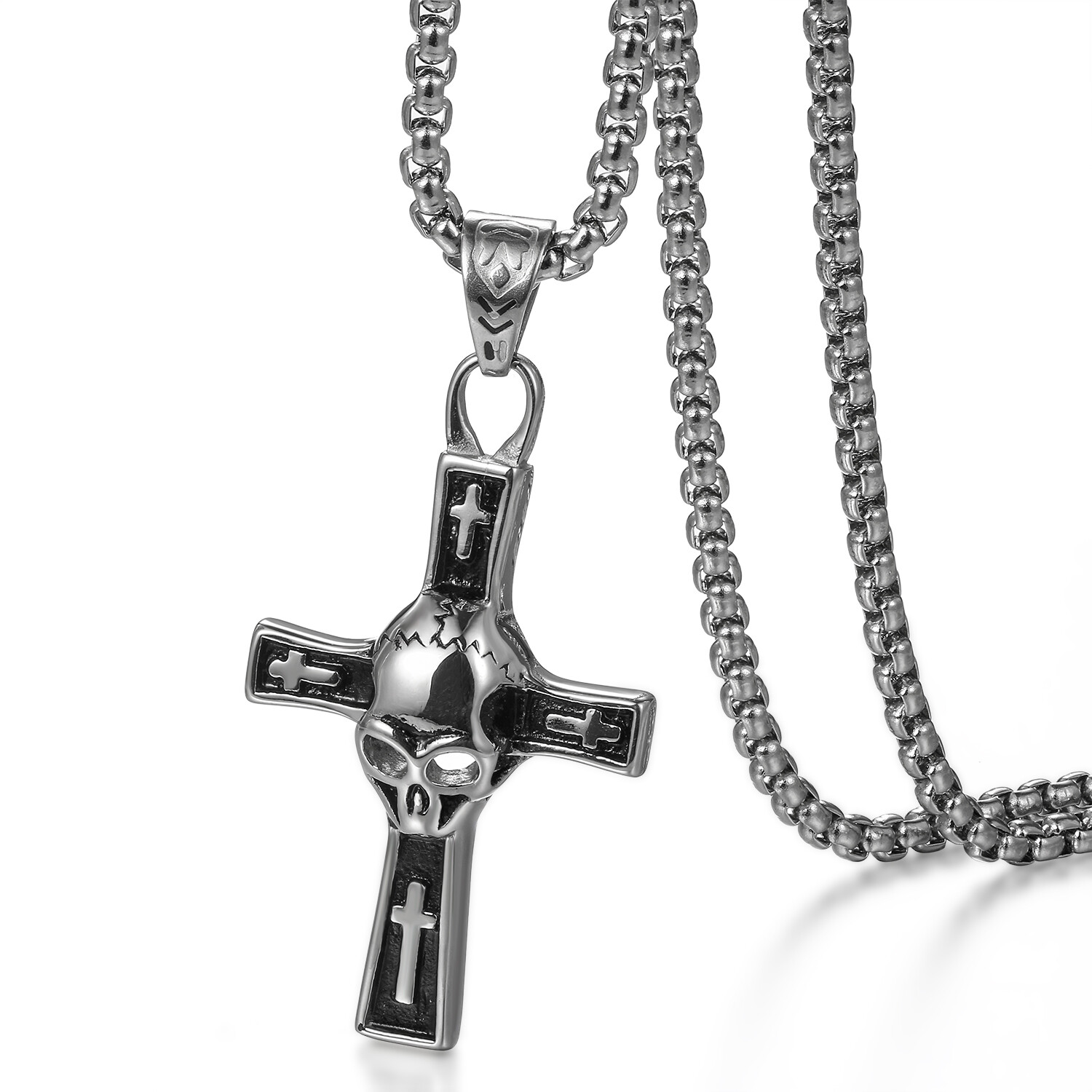 Stainless Steel Gothic Biker Skull Punk Cross Pendant Necklace for Men Halloween