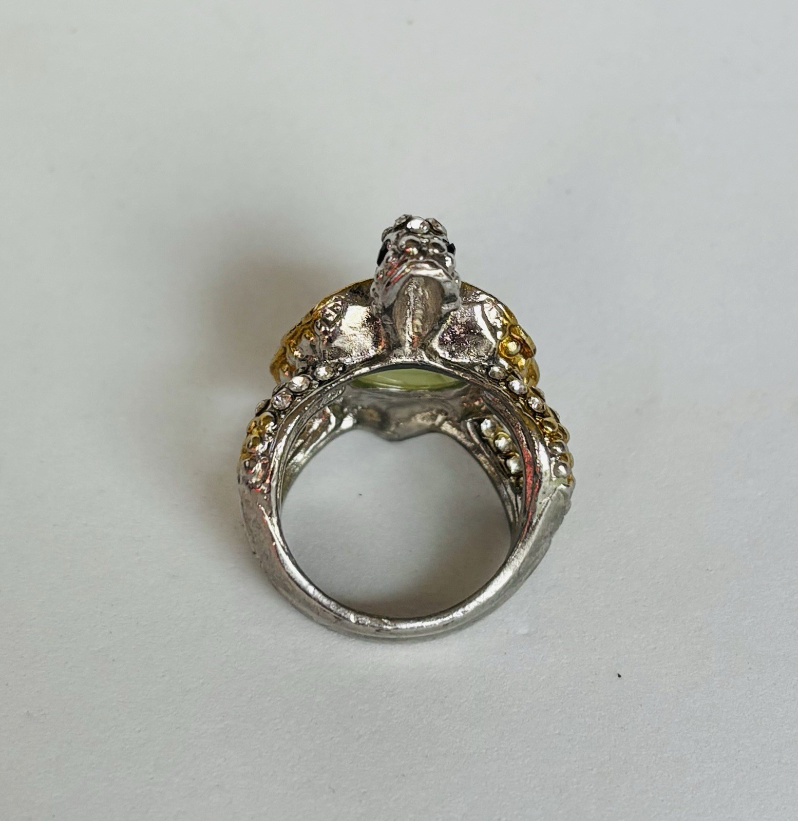 Textured Turtle Ring Two Tone Metal Inlaid Green Stone & rhinestones