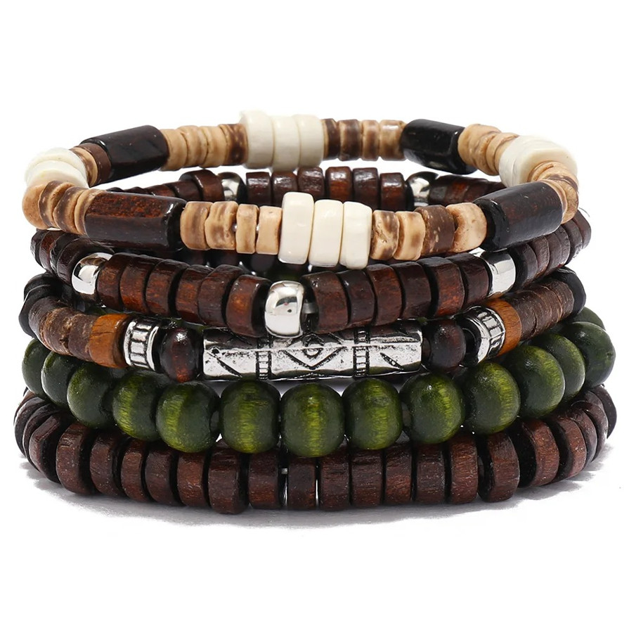 1Set Men’s Retro Multi-Layer Wooden Bead Bracelet Set with Coconut Shell – NEW