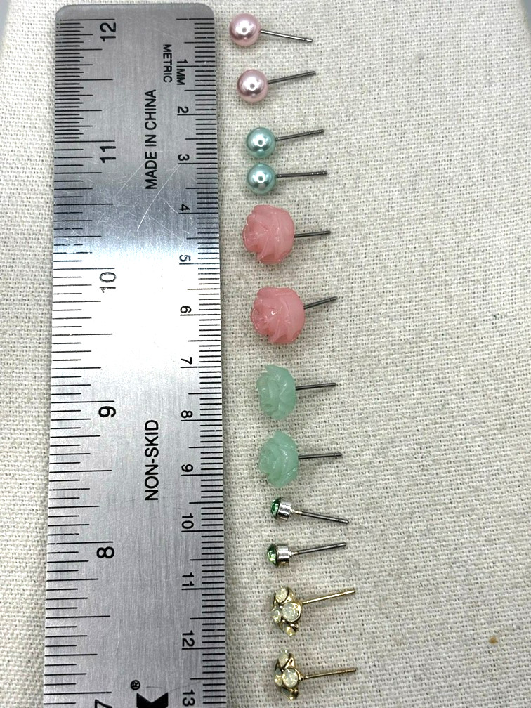 Pink Teal Green Flower Faux Pearl And Crystal Stud Dangle Earring Set of 7 Pairs