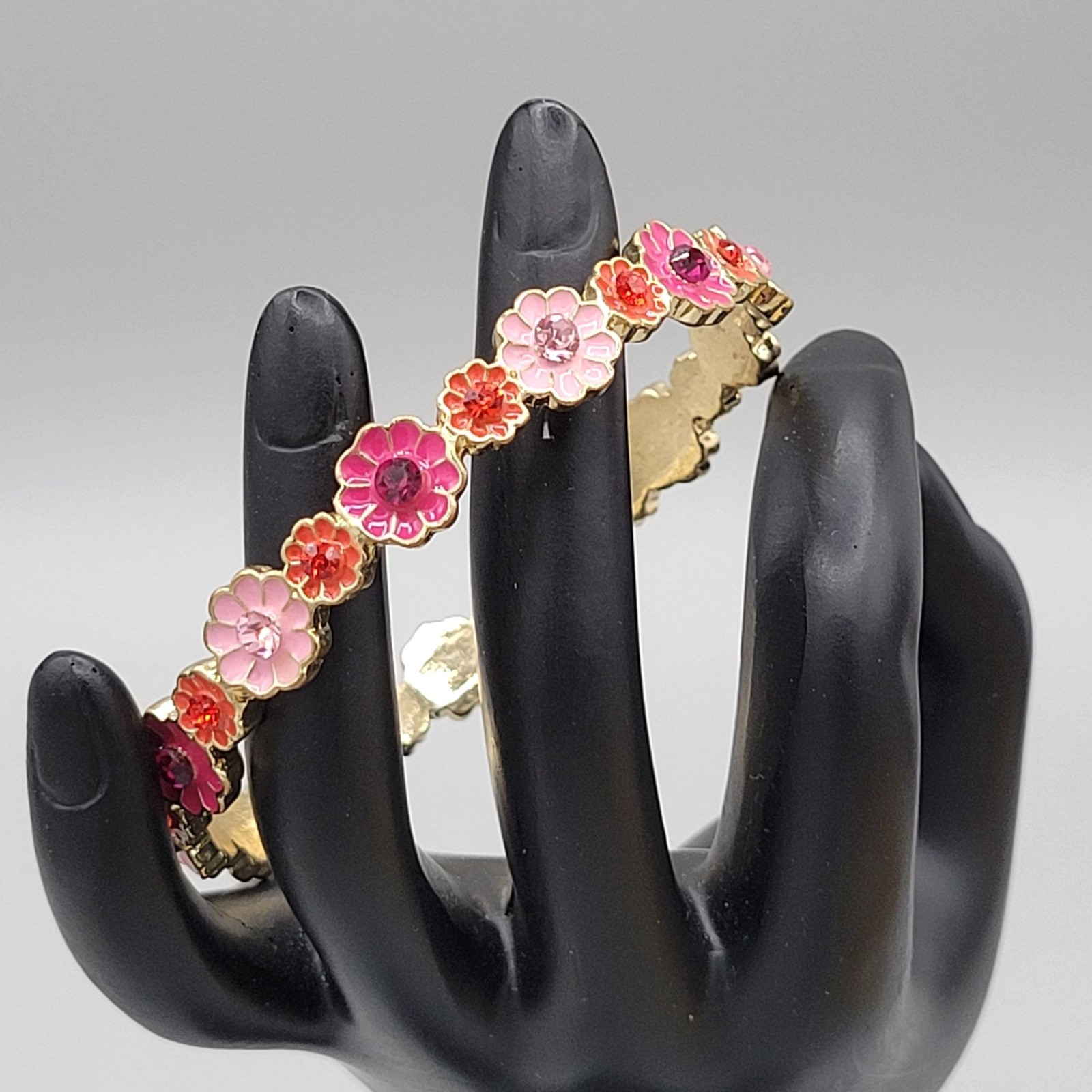 Pink and Red Painted Floral Bangle Bracelet Crystal Accents Gold Tone Metal