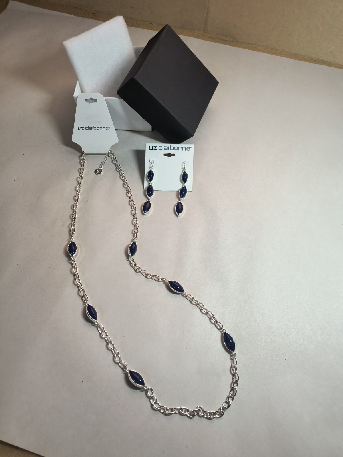 NEW Liz Claiborne Silver Tone Necklace & Matching Earrings w/ Blue Accents NWT
