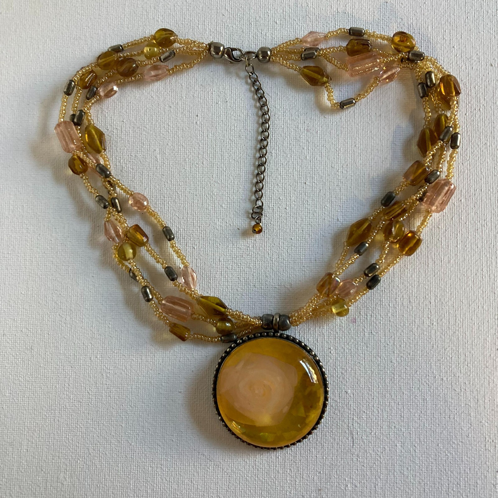 Necklace Unique Yellow Boho Rose in Resin Medallion on Beaded Chain 15-17″