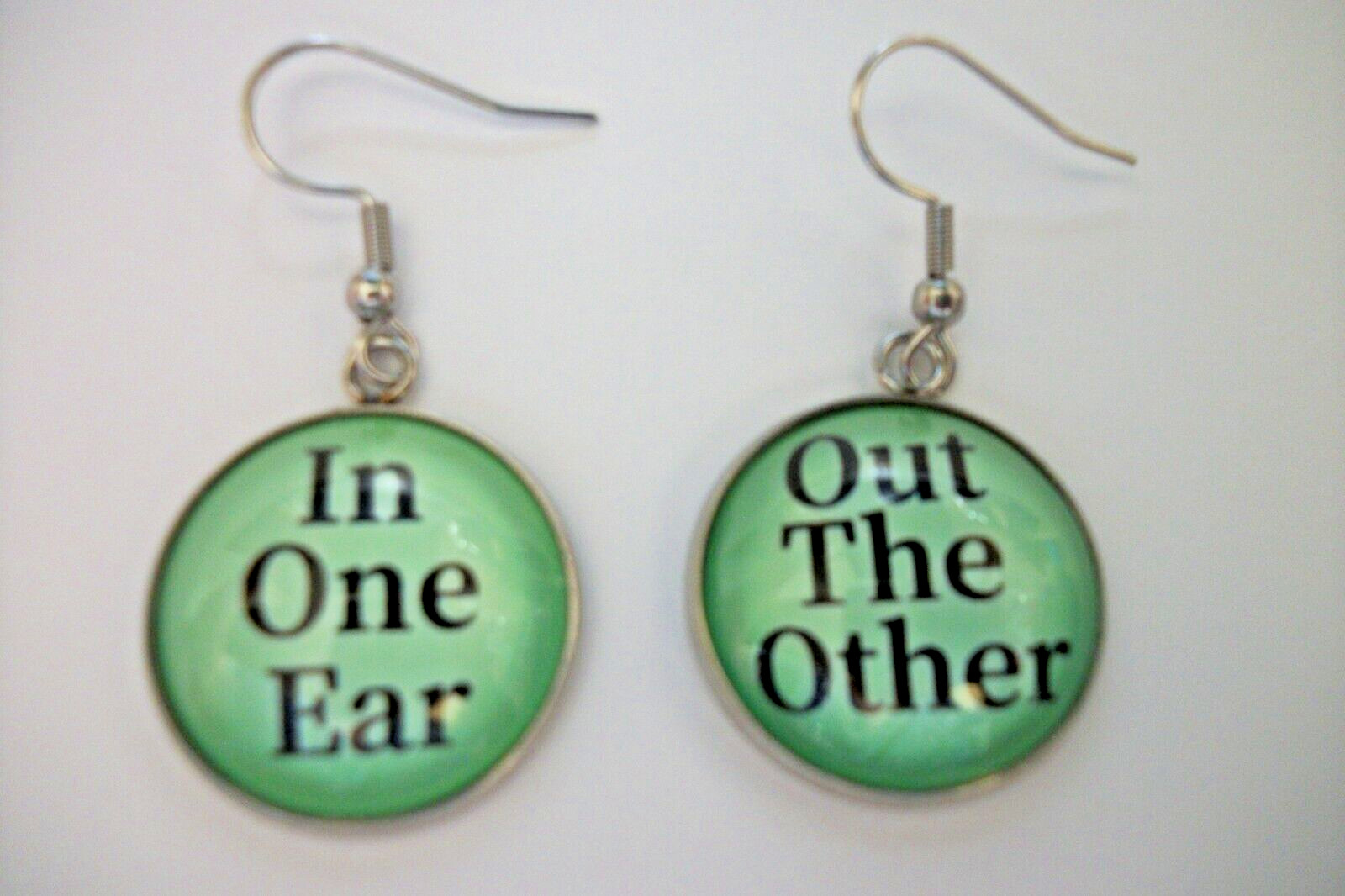 “In” One Ear ~ “Out” the Other Glass Top Dangle Earrings Novelty Earring Jewelry