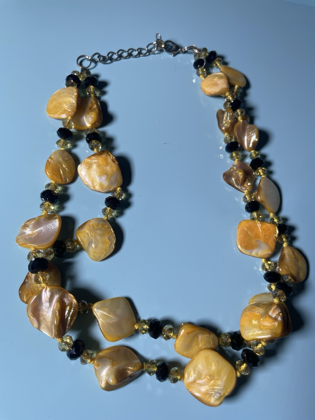Double Strand Shell Bead Necklace Gold Black Crystal Beach Statement