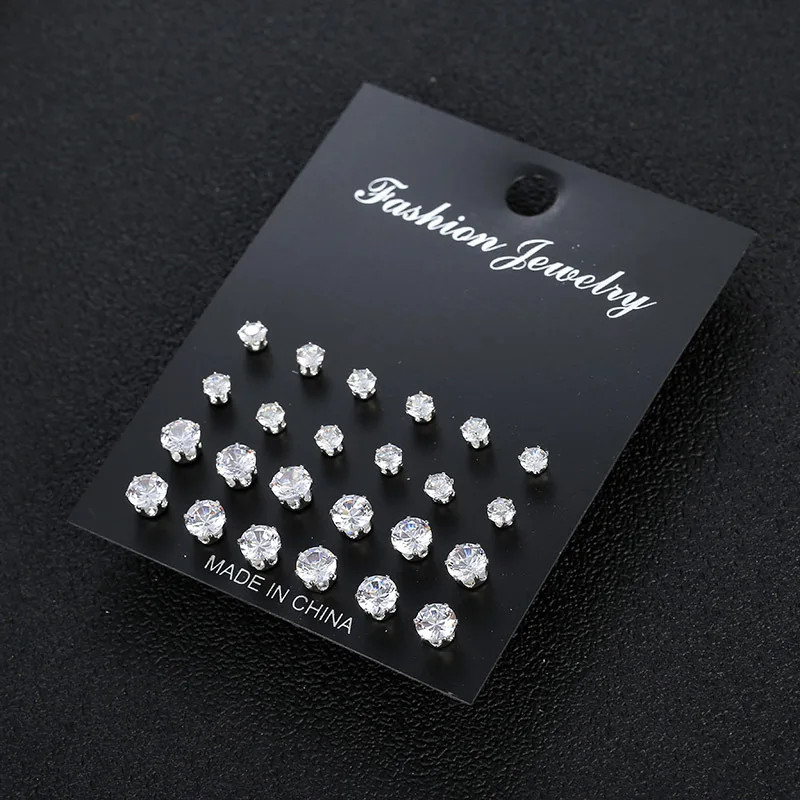 12/24/36 Pairs Shiny Zircon Stud Earrings Set for Women Men Daily Versatile Chic