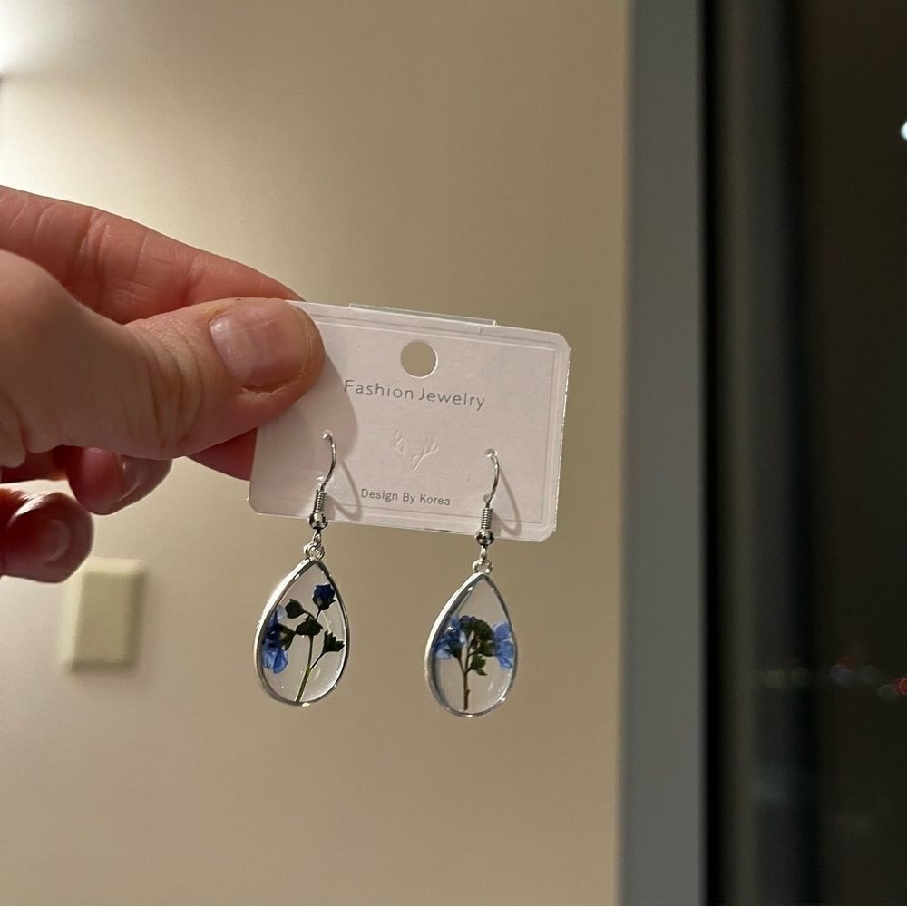 Dried Flower Pressed Resin Forget Me Not Drop Earrings 925 Sterling Silver
