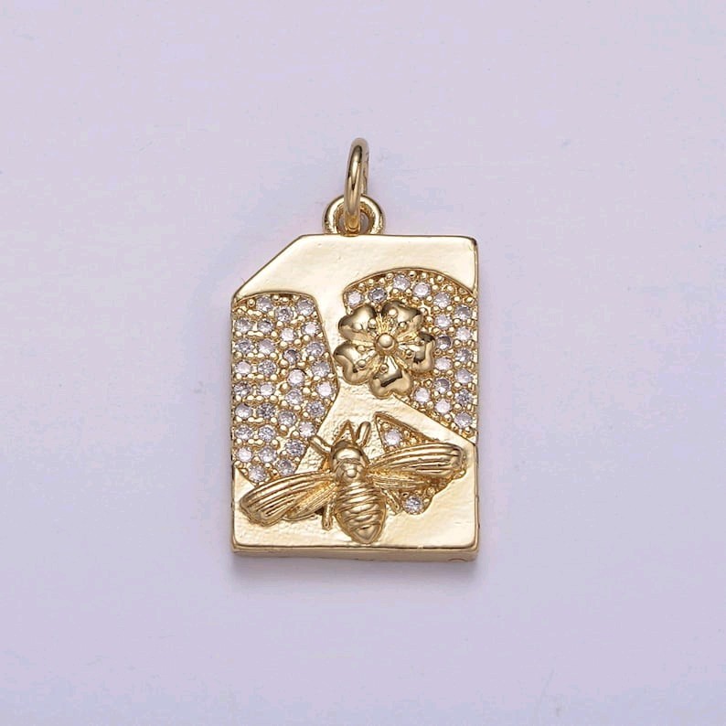 24k Gold Filled Bee and Flower CZ Pave Charm, Queen Bee Floral Tag Pendant for D
