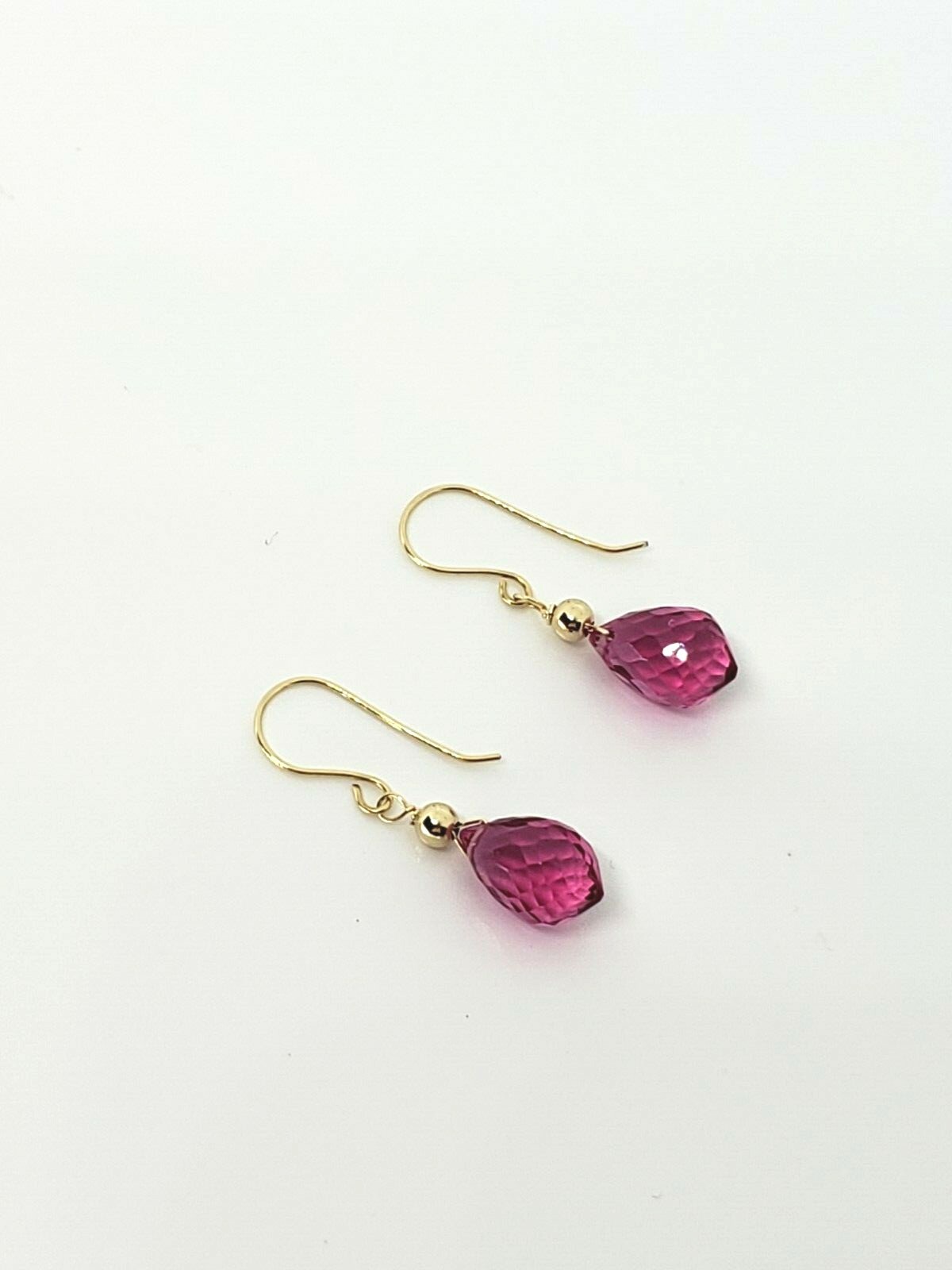 14k Yellow Gold Pink Rubellite Tourmaline Quartz Briolette Drop Dangle Earrings