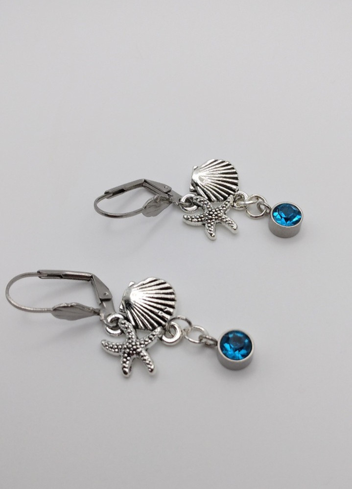 Ocean Beach Dangle Earrings Silver Topaz Blue Handmade Summer Seashell 1 3/4″ US