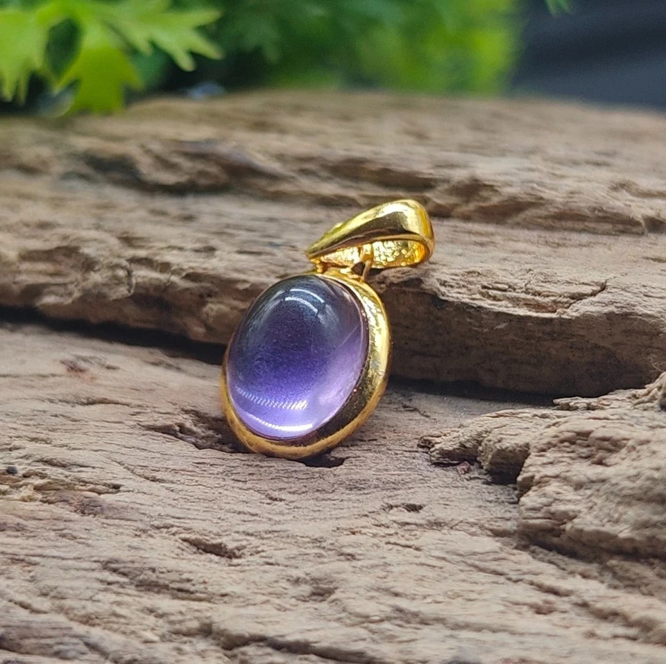 Natural Amethyst Gemstone Pendant, 9x11mm Oval Gold Plated Handmade Jewelry.