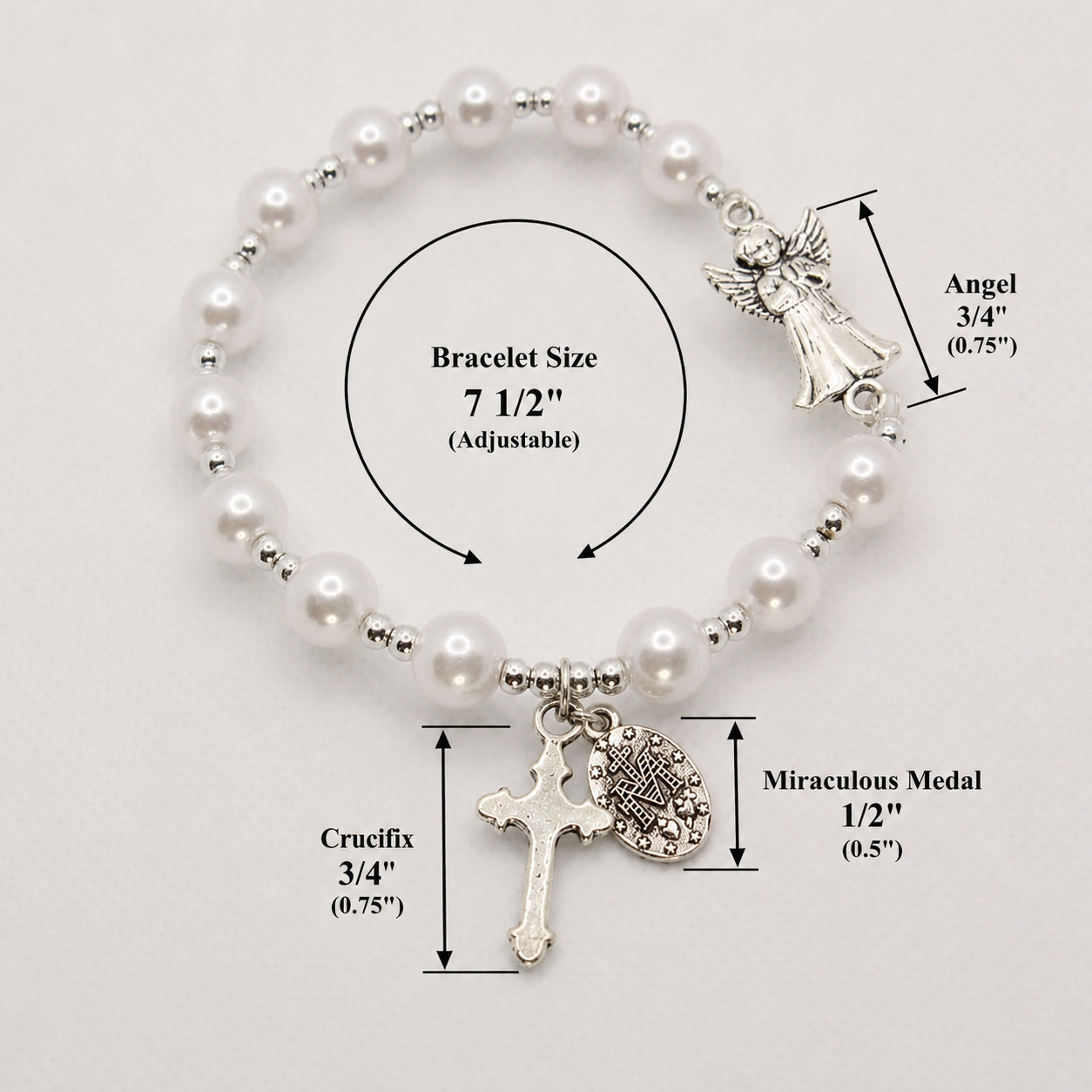 Zinc Alloy Guardian Angel, Crucifix, Miraculous Charm Faux Pearl Rosary Bracelet