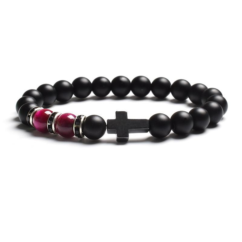 Tiger Eye & Black Agate Beaded Bracelet Men Women Elastic Cross Faith Jewelry