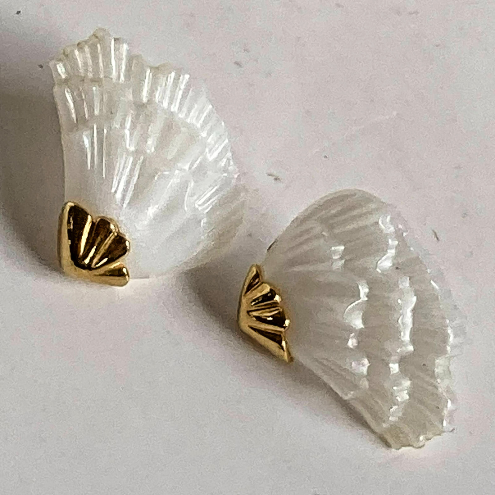 Earrings Vintage Shell White Lucite with Gold Tone Tips Post and Friction Backs