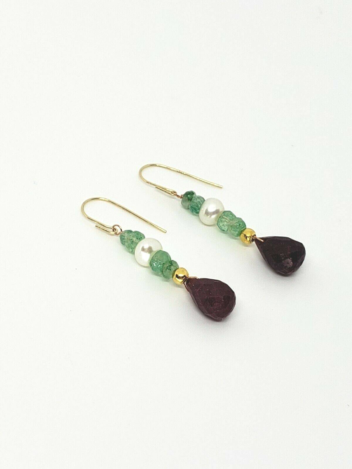 14k Yellow Gold Ruby Briolette, Zambian Emerald and Pearl Drop Dangle Earrings
