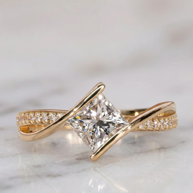 3Ct Princess Cut Simulated Diamond Minimalist Halo Ring 14k Yellow Gold Plated