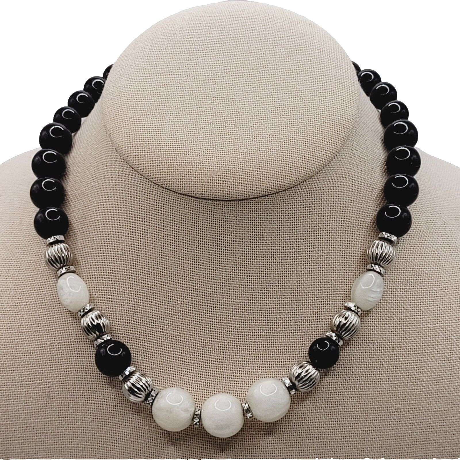1928 Graduated Black and White Lucite Glow Beaded Necklace Silver Tone Unmarked