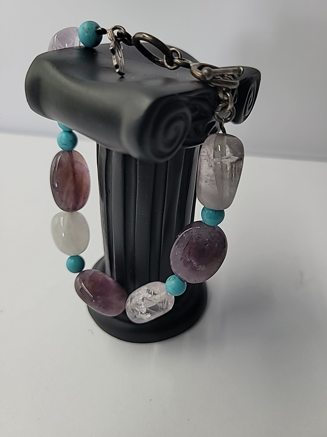 Vintage Handpicked 925 Sterling Silver Amethist Quartz Turquoise Beaded Bracelet