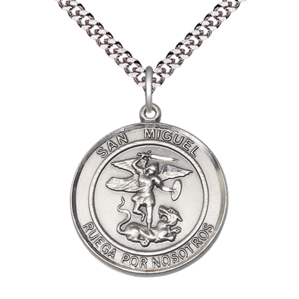 Large Pewter San Miguel Arcangel Medal Pendant 24″ Lobster Claw Chain Necklace