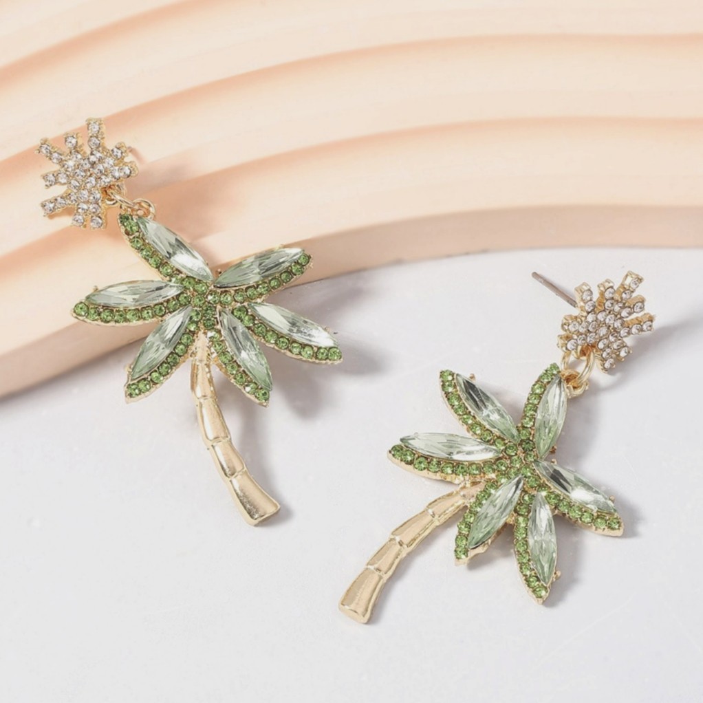 Pretty Alloy Palm Tree Gold-plated Hanging CZ Dangle Earrings
