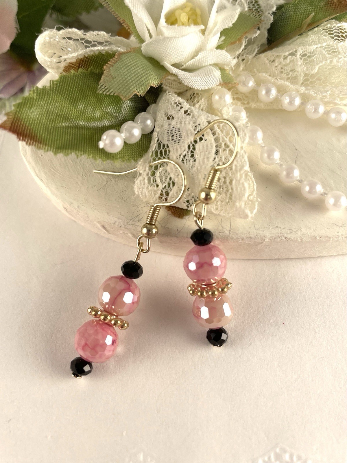 Light Pink & Black Crystal Gold Earrings Women’s New Handmade Jewelry