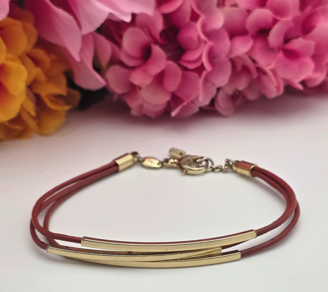 Fossil Red Leather Triple Strand Gold Tone Bar Bracelet Minimalist 8 In