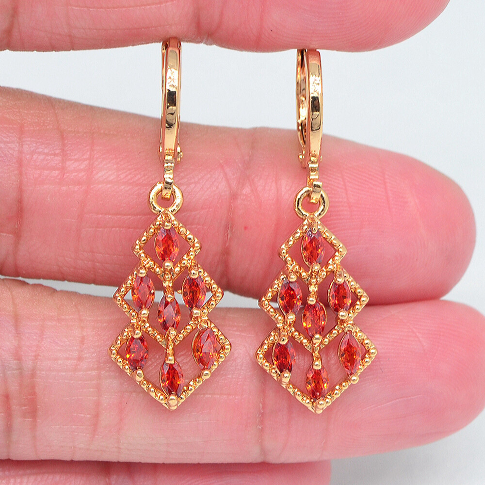 18K Yellow Gold Filled Women Fashion Green Topaz Rhombus Dangle Earrings