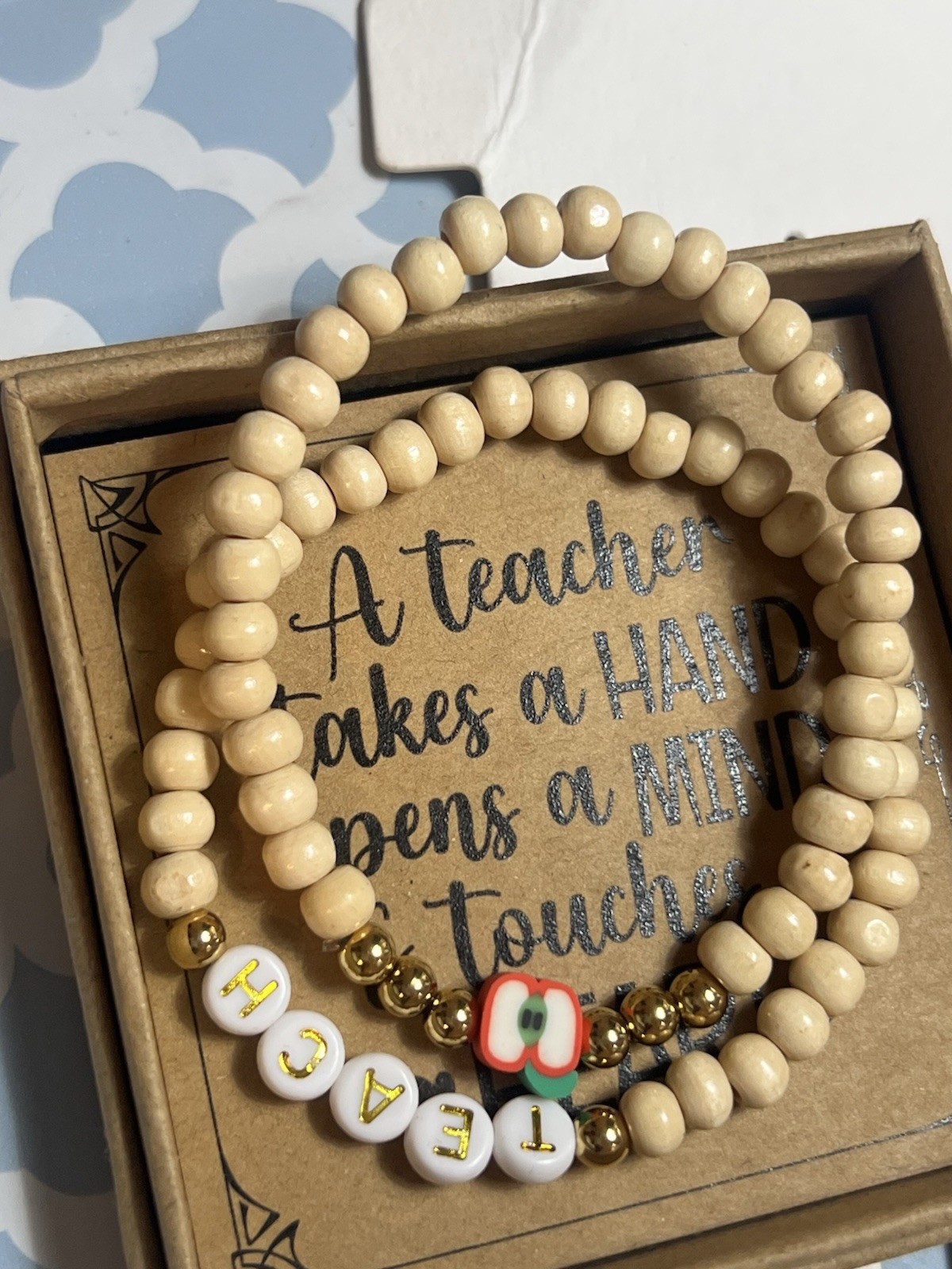 2pc Teacher Stretch Beaded Bracelet Set TEACH Letter Wood/Plastic Apple Charm