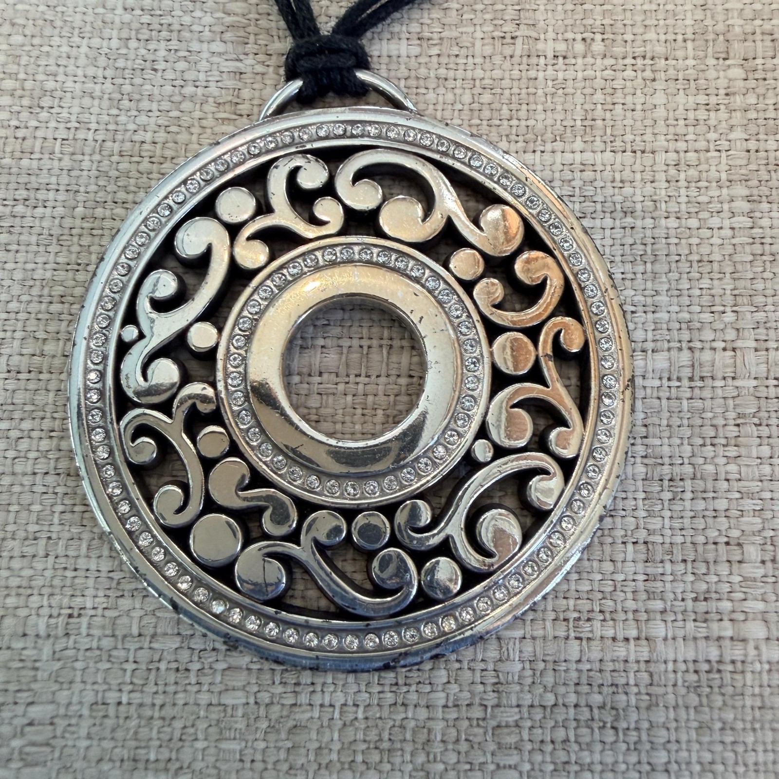 Retired Brighton Silver Tone Medallion Pendant Necklace Black Cord Crystal