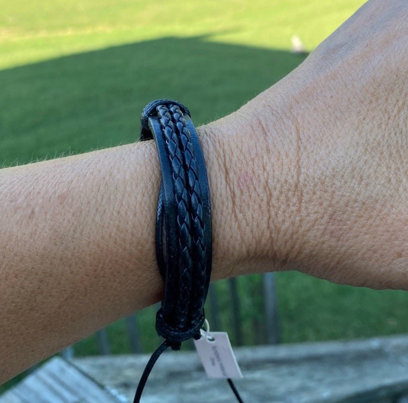 Black faux leather adj. wrist strap bracelet layered braiding detail unisex