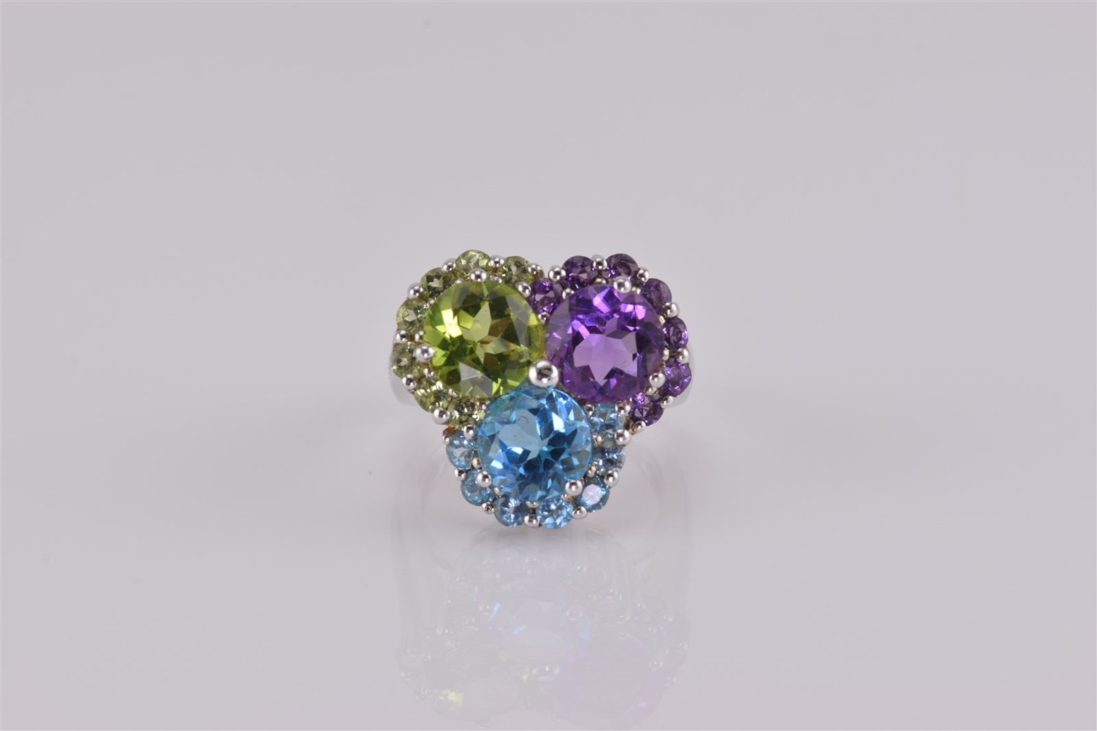 Sterling Silver Amethyst Topaz Peridot Triple Halo Statement Band Ring 925 Sz: 6