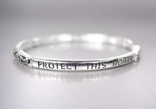 INSPIRATIONAL Thin Silver Black Filigree PROTECT THIS WOMAN Stretch Bracelet