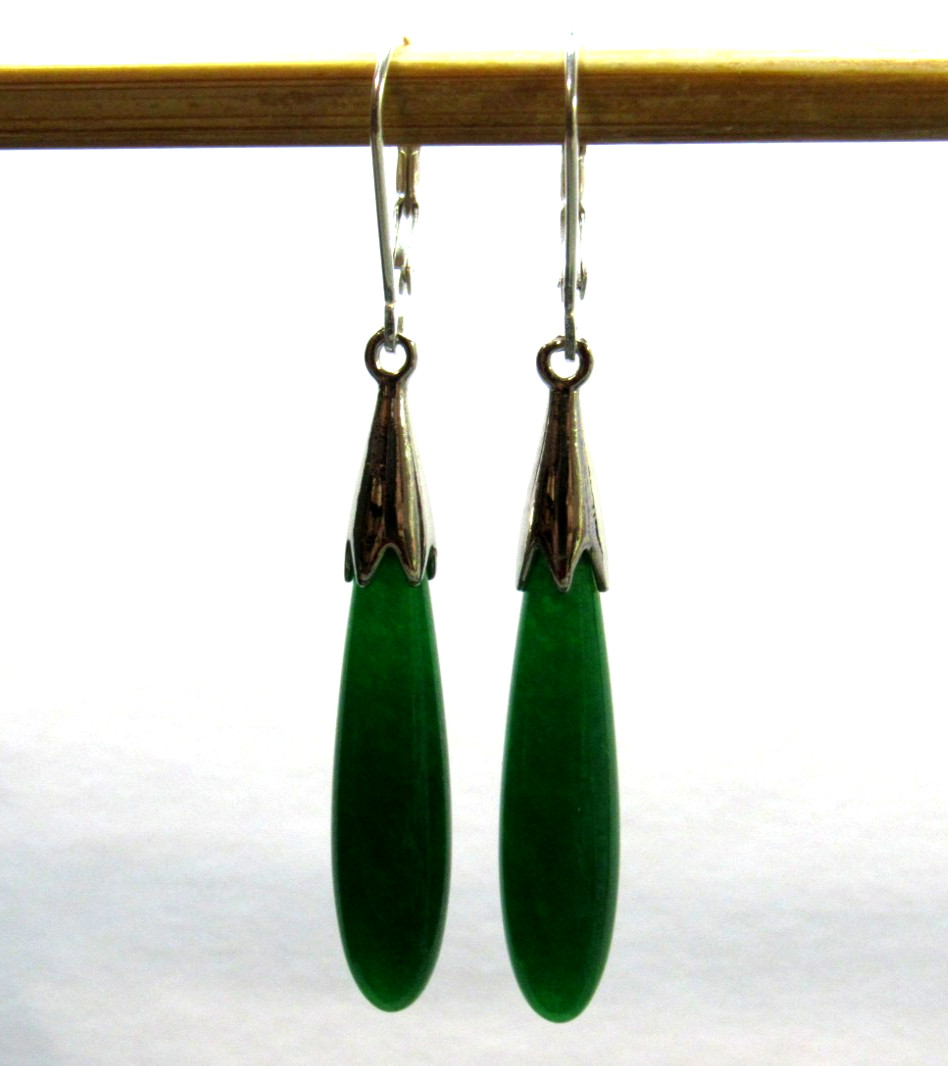 Dark Green Jade Long Teardrop Drop Dangle Leverback Earrings Sterling Silver