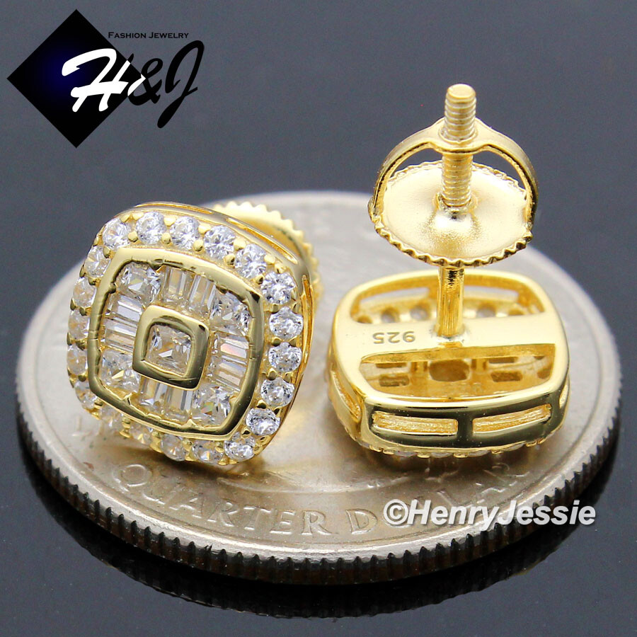MEN 925 STERLING SILVER 9MM ICY CUBIC ZIRCONIA GOLD PLATED 3D STUD EARRING*198