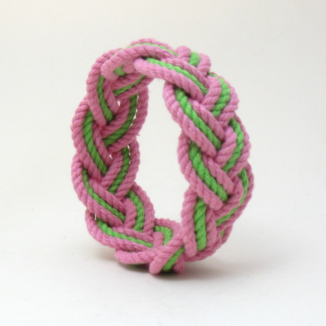 Mystic Knotwork: Striped Sailor Knot Preppy Beach Rope Bracelet, Pink and Lime