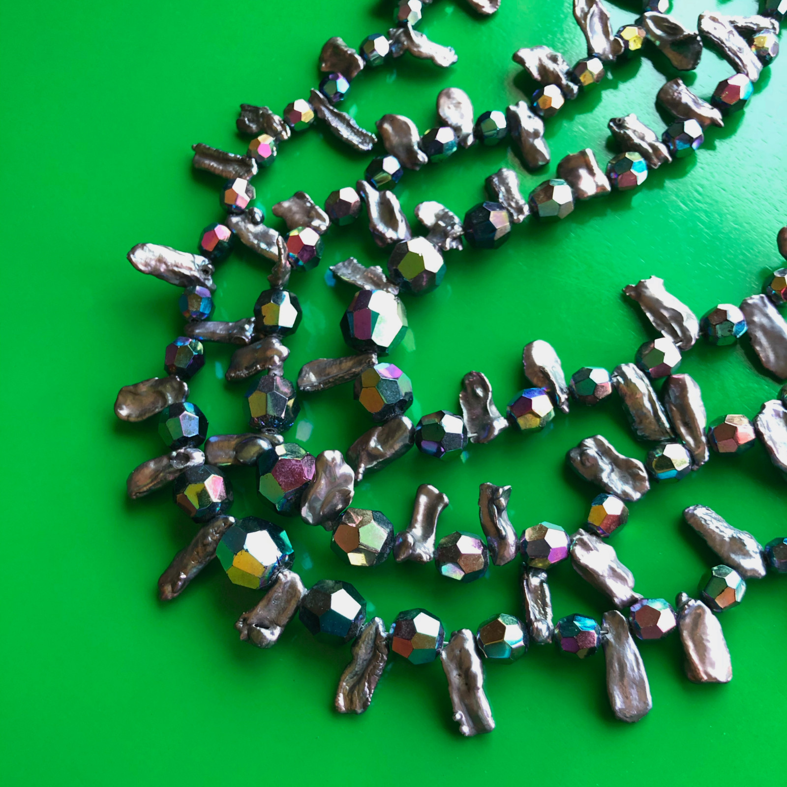 Three-Strand Vintage Black Crystal and Stick Pearl Beaded Necklace
