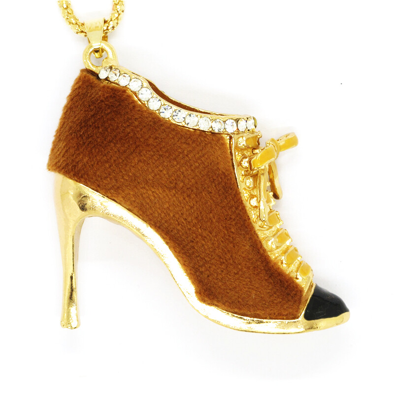 New Fashion Women Brown Lambskin Shoes Vintage Crystal Pendant Chain Necklace