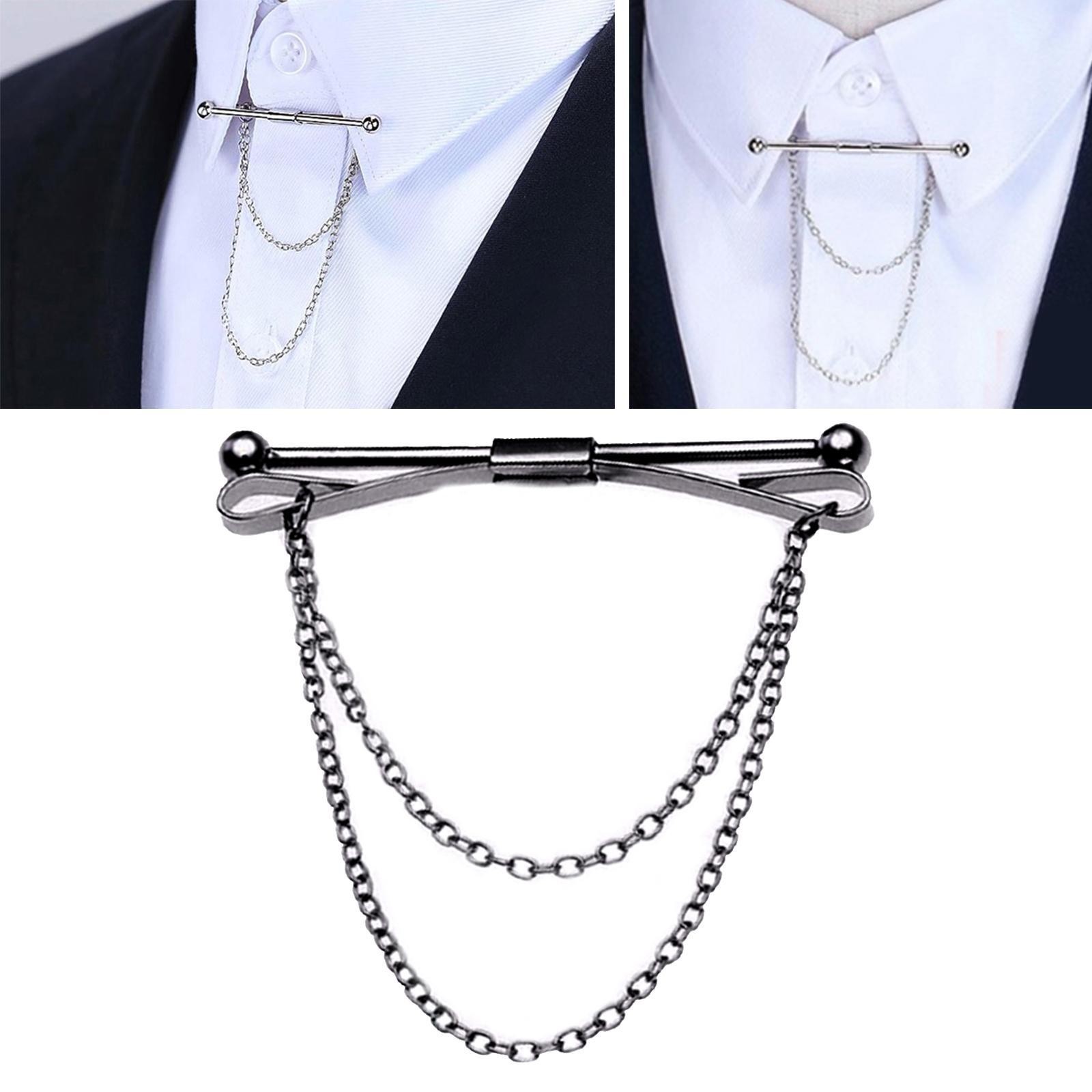 Mens Shirt Collar Bar Pin Collar Clip with Chain Badges Decor Brooch Pin Jewelry