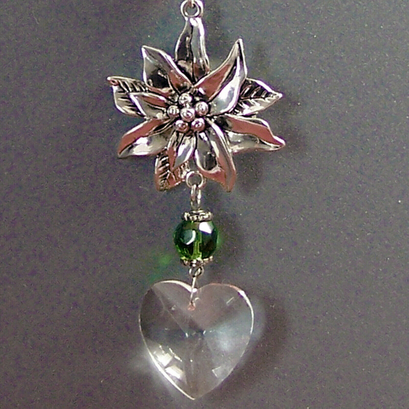 Unique Poinsettia Flower & Heart Pendant Chain Glass Beads 9.5″Inches Long