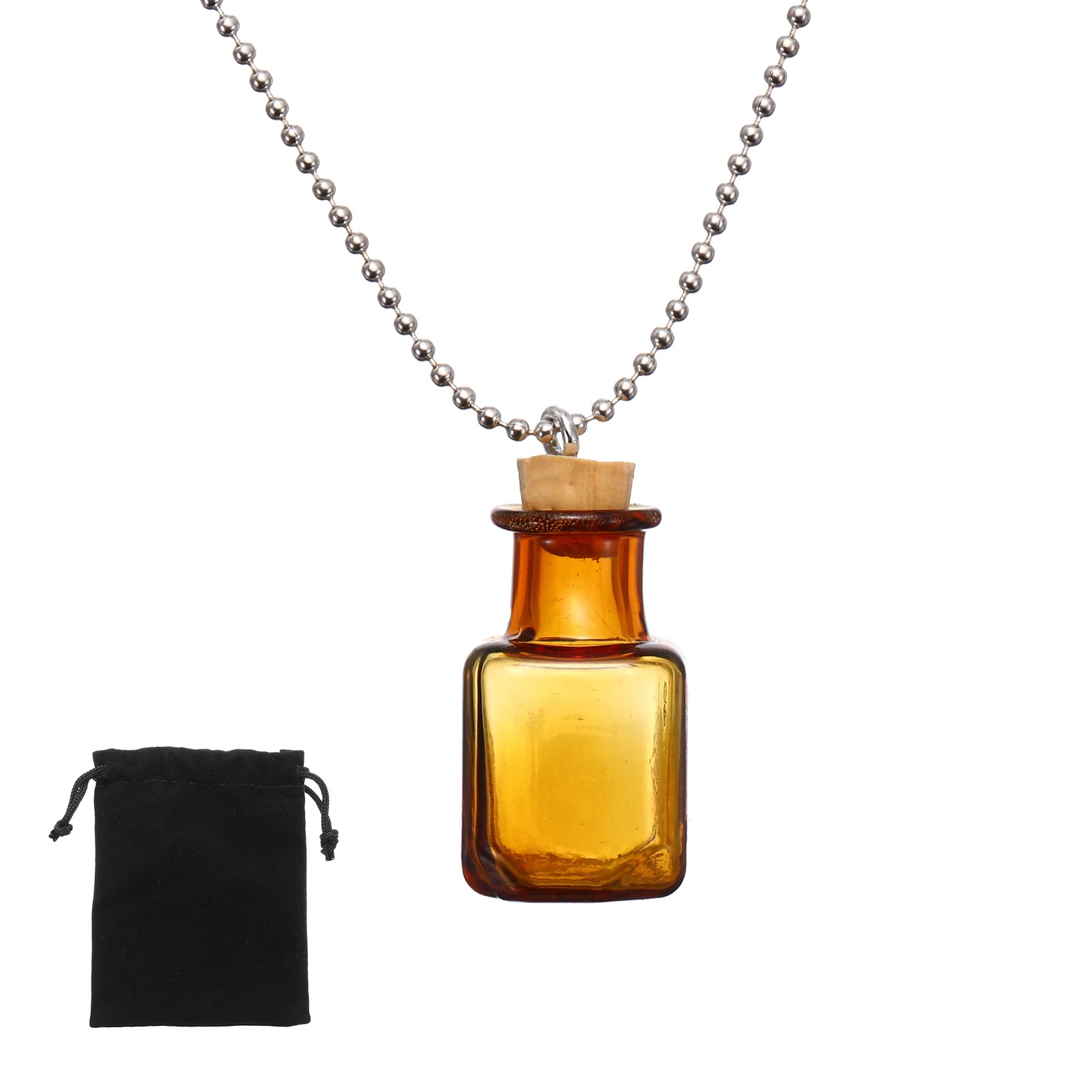 24mm Vial Necklace with Cork Stoppers Black Velvet Bag, Cube Shaped, Champagne