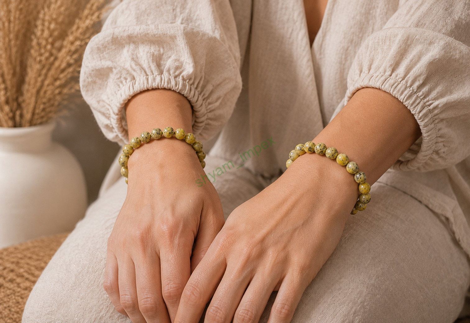 Natural Serpentine Jasper Beaded Stretch Bracelet Yellow Green Gemstone Jewelry