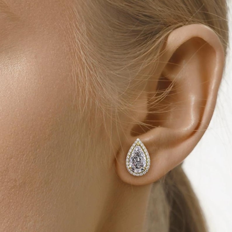 2 CT Pear Cut Moissanite Halo 14K Yellow Gold Solitaire Handmade Stud Earrings